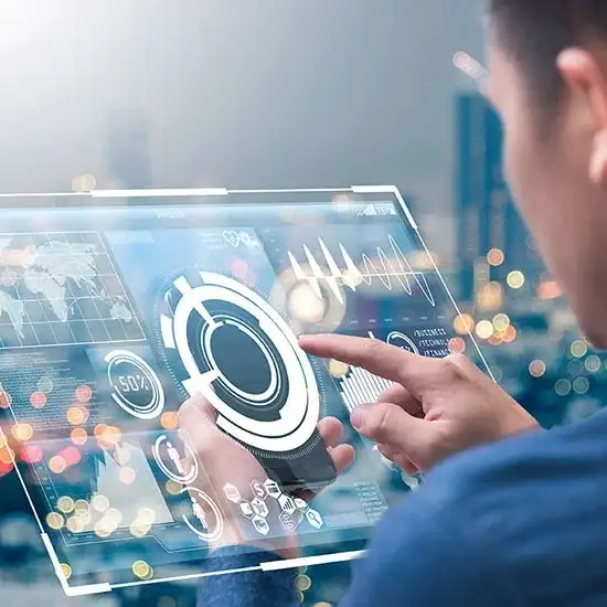 Analyzing Data on transparent futuristic tablet
