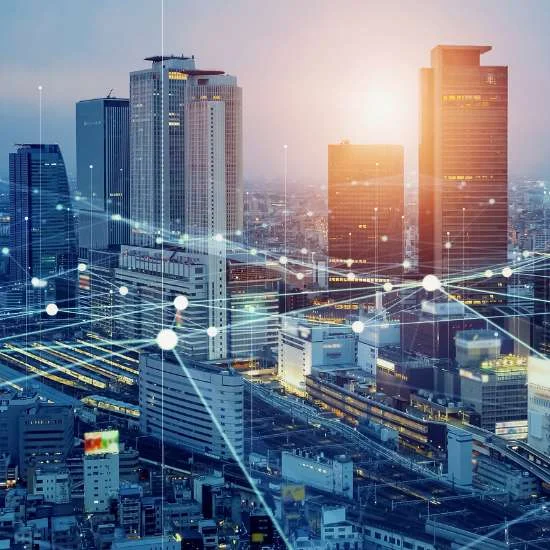 Blockchain Technology Cityscape with a Digital Net