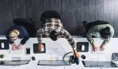 overhead view of employees working