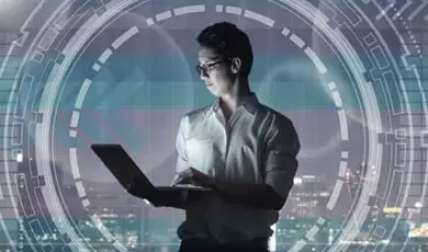 abstract image of man standing with laptop digital graphics
