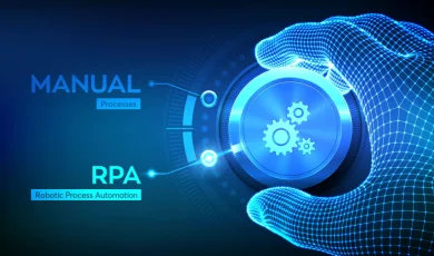 A digital dial moving from manual insurance processes to robotic process automation