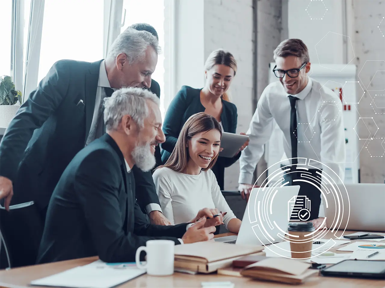 Data Review using Policy Data Extract AI Business colleagues happily reviewing data