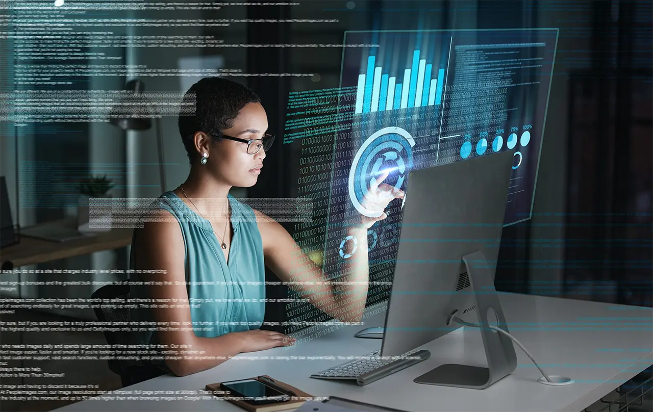 Workflow Integration Woman at workstation using digital interface
