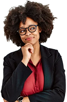 Contact Patra Now Businesswoman wearing business jacket glasses thinking