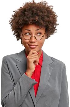 Contact Patra Now Businesswoman, thoughtful manager holds chin