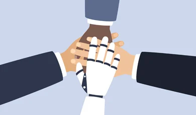 Illustration of human and robotic hands working together
